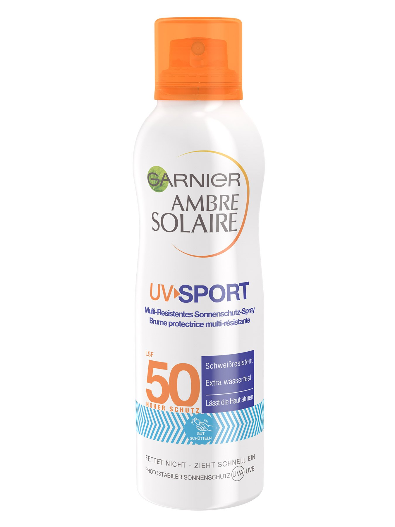 Sonnenschutz-Spray-LSF-50-Ambre-Solaire-UV-Sport-200ml-Vorderseite-Garnier-Deutschland-gr